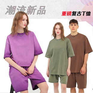 350G cotton heavy T-shirt wholesale foreign trade retro wash gradient worn short sleeve jacket loose oversize