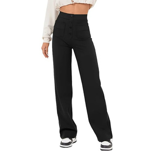 Cross-border European and American Foreign Trade Autumn New Women's High Waist Pocket Wide Leg Button Casual Loose Straight Pants Trousers