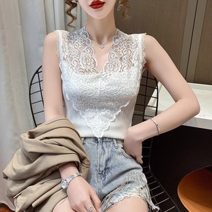 Quzhu Ice Silk Spring and Summer Knitted Camisole Women's French V-neck Lace Slim-fit Slimming Western Style Sleeveless Top