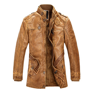 Men's collar old retro leather jacket fleece-lined long imitation leather coat slim PU leather a generation of hair