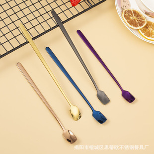 Creative 304 Stainless Steel Square Head Spoon Long Handle Mixing Spoon Korean Coffee Spoon Restaurant Spoon Bar Spoon Wine Ice Spoon