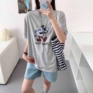 Summer New Korean-style Casual Fashion Age-reducing Cartoon Sequin Embroidered Loose plus size Short-sleeved T-shirt Women's 2545