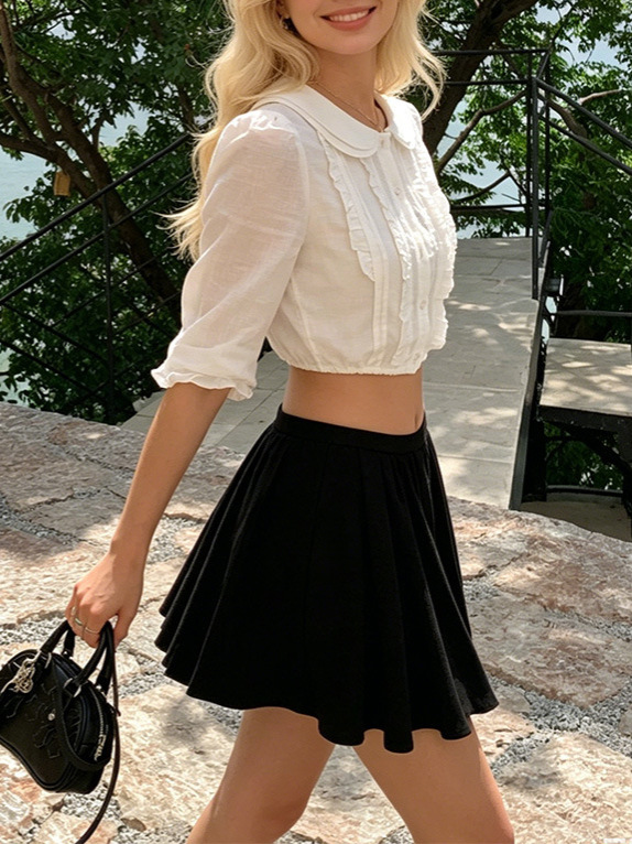 8Uoioi Is Highly Recommended! 'Dialogue of a Girl' Double-Layer Doll Collar Shirt for Women, New Summer Style Sweet and Age-Reducing Top