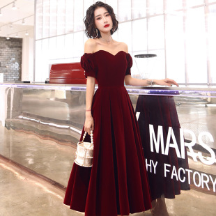 Off-shoulder toast dress bride wine red usually can wear engagement dress wedding dress small back-to-door dress