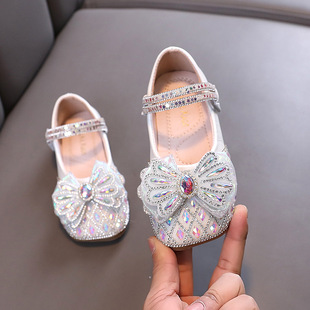 2024 Spring and Autumn New Lady Baby Girl Girl Princess Diamond Shoes Leather Shoes Dance Shoes