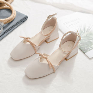 Baotou Single-layer Shoes Women's Mid-heel Square Hollow Thick-heel Sandals Women's One-line Buckle High-heeled Shoes Women's 2024 New Style Matching Skirt