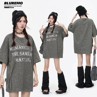 BLUREMO Летний тренд High Street Батик платиновый хлопок с короткими рукавами тяжелый фунт 270g заклепка кубинская цепь мода досуг T