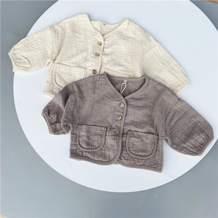 Children's Coat 2023 Spring Cotton and Linen Cardigan Coat Korean Plate New Loose Shape Wrinkle Thin Children's Cotton and Linen Outer