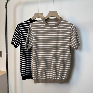 Men's Cotton New Haien Shirt Short-sleeved T-shirt Striped Crewneck Navy Casual Men's Summer T-shirt Top Trendy