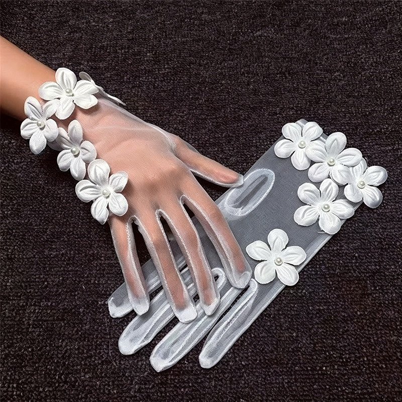Foreign Trade Mesh Bridal Wedding Gloves Simple White Pearl Flower Short Style Dress Photo Shoot Gloves