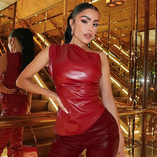 H24TP291 cross-border European and American style 2024 new women's Amazon foreign trade diagonal shoulder slanted pleated leather top