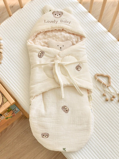 Newborn cotton gauze cartoon embroidered sleeping bag anti-kick quilt baby soothing beanie velvet anti-shock sleeping bag quilt