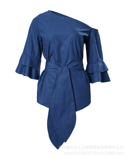 Cross-border Foreign Trade 2023 Amazon Blue Shoulder Waist Binding Fashion Top