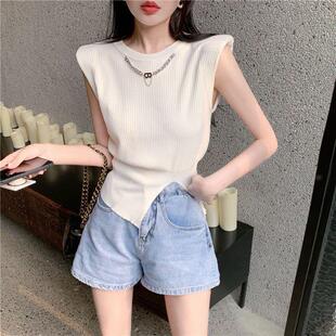 Korean Style Decorative Chain Vest Women's Summer New Style Chic ins Thin T-shirt High Waist Split Sleeveless Trendy Top