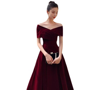 One-Shoulder Toast Dress Small Bride Wine Red Daily Wear Wedding Engagement Long Banquet Evening Dress for Women