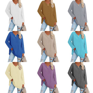 2022 European and American oversized women's T-shirt 2022 Amazon foreign trade new color loose shoulder sleeve V-neck women's top