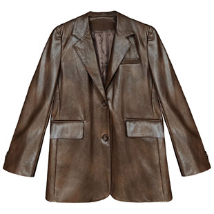 Luxi Maillard Retro PU Leather Suit Collar Loose Coat Women's Spring New Casual High-end Sense Leather 9719