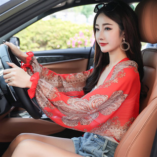 Korean Style Flower Sunscreen Shawl Women's Fashionable Chiffon Printed Outdoor Driving Riding Thin All-match Sleeve Shawl