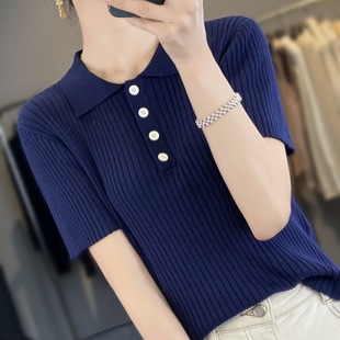2025 Summer New Style Polo Collar Short-Sleeved T-Shirt for Women Pure Color Elegant Slim Design Half-Sleeved Pullover Top