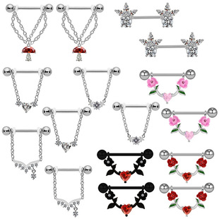 Gaibei Europe and the United States cross-border mushroom rose breast ring heart-shaped five-star chain chest ring stainless steel puncture jewelry spot