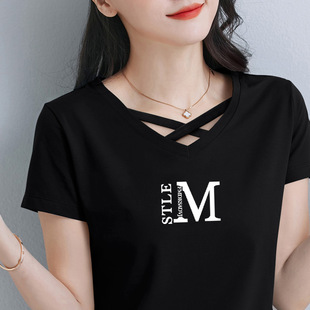 100 Cotton Klein Blue T-shirt Women's New Short-sleeved Korean Loose V-neck Women's Instagram Style Summer Top T-shirt