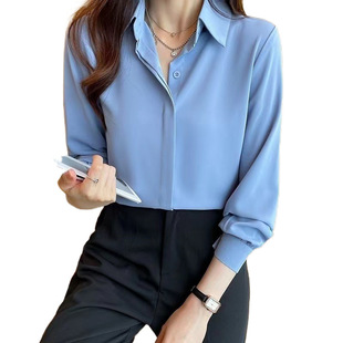 Spring New White Shirt Female Professional Blue Long Sleeve Chiffon Interview Dress Shirt Work Clothes Loose Top Summer