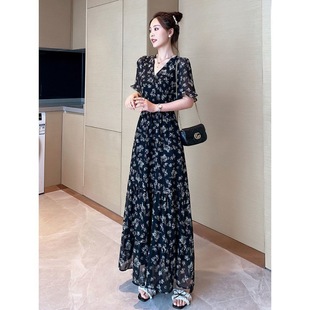 High-quality Chiffon Floral Dress New Summer Forest French Platycodon Ankle Long Skirt Black Skirt for Women