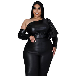 AP7063 European and American Fashion Large Size Women's Clothing Amazon Night Clothes Stretch Matte Leather Skew Shoulder Ear-Trim Top