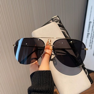 Half Frame Trendy Aviator Sunglasses Men's 2024 New Toad Glasses UV-proof Big Face Sunglasses Driving