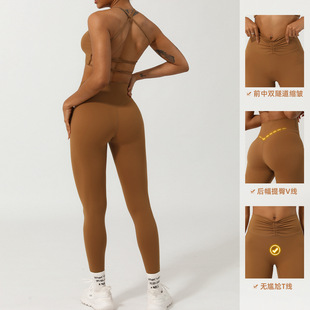 Cross-border Europe and the United States naked wrinkle yoga suit beautiful back gathered fitness bra hip sports tights two-piece suit