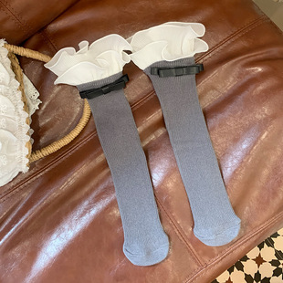 Girls' socks spring and autumn solid color PU butterfly double collar lace children's socks cotton princess socks piled socks
