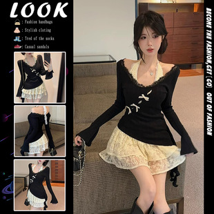 Spring, Autumn and Winter Wear Small Man Pure Desire Style Design Sense Niche Blouse Lace Dress Two-piece Suit for Women