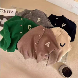 Children's sweater 2022 spring new boys and girls solid color letter wool cardigan coat 22022