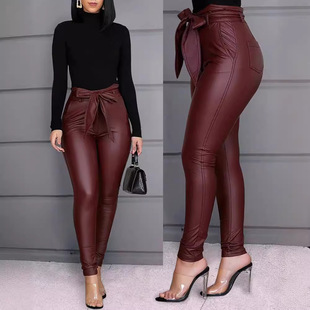 Amazon wish solid color PU leather pants casual sexy skinny pants women's trousers foreign trade (with belt)
