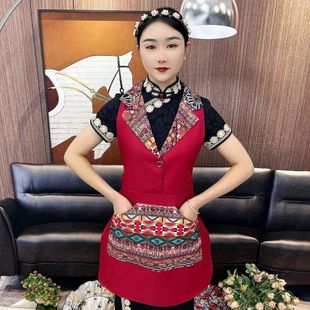 Костюм Воротник есть горячий горшок Кухня Ресторан Рабочая одежда Классический национальный стиль Новый красный фартук с отворотом