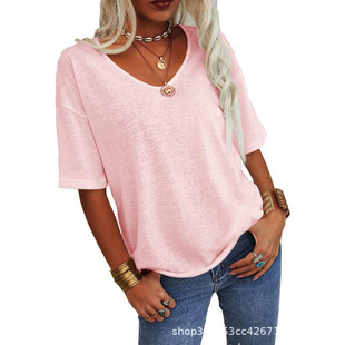 2025 Summer Ebay Hot Style European and American New Women's Short-Sleeved V Neck T-Shirt Tops Cross-Border Export