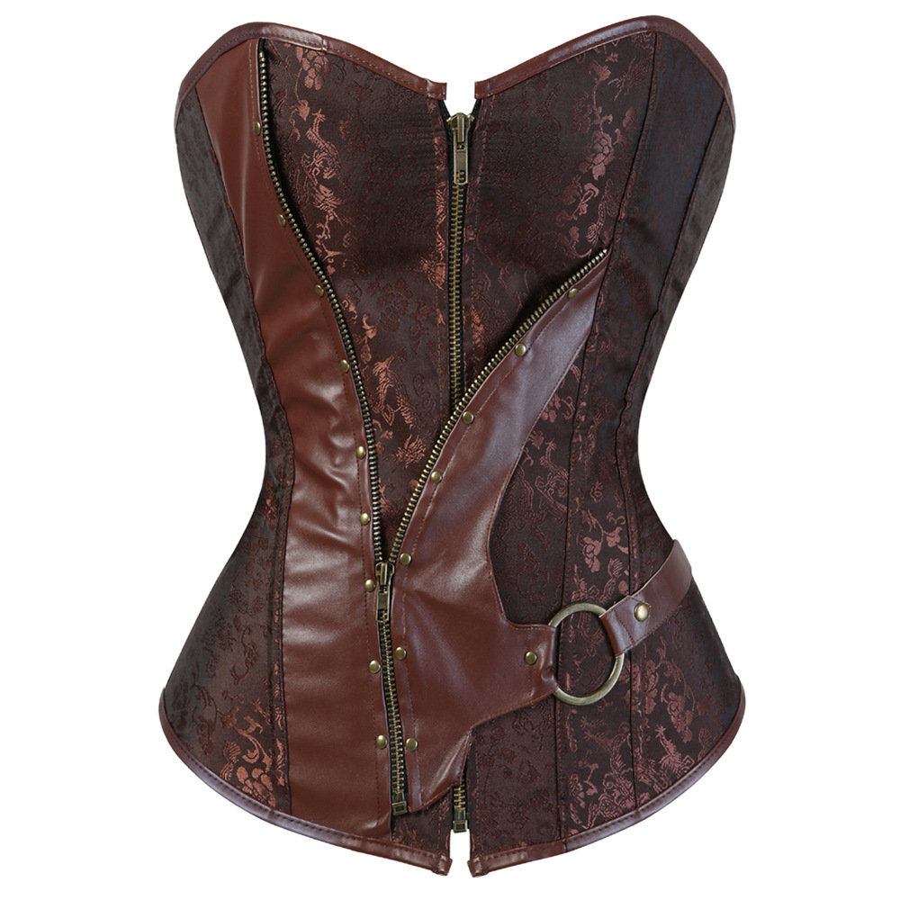 6725 # Printed Brown Zipper Super Tummy Control Leather Trim Palace Shapewear Gothic Corset