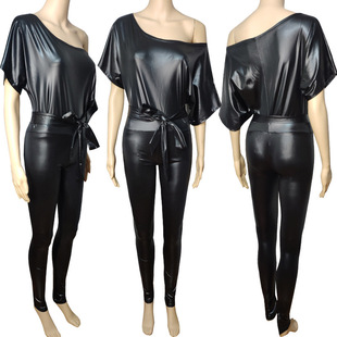 2024 shrimp skin Amazon cross-border matte imitation leather jumpsuit lace-up off-shoulder sexy tight leather jumpsuit
