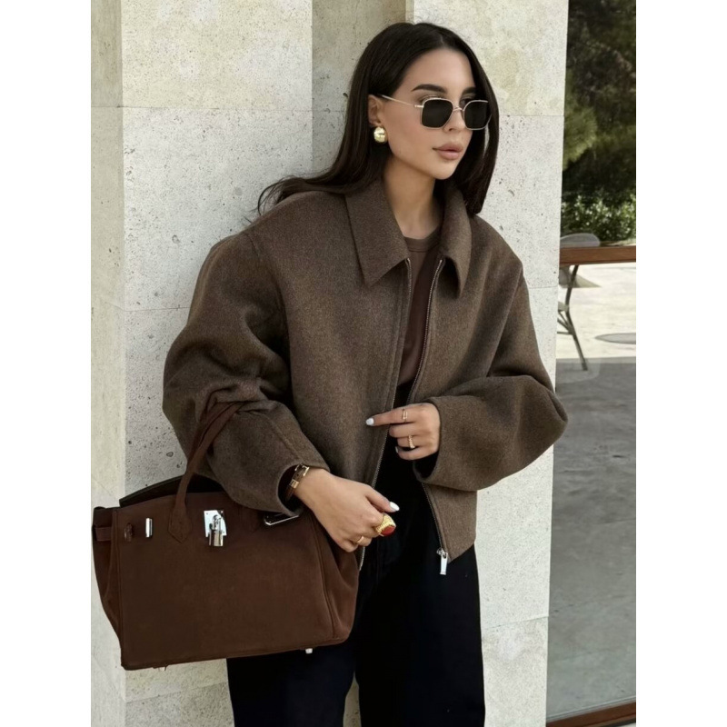 欧美跨境女装新款美式毛呢纯色翻领复古短款外套休闲百搭上衣外套