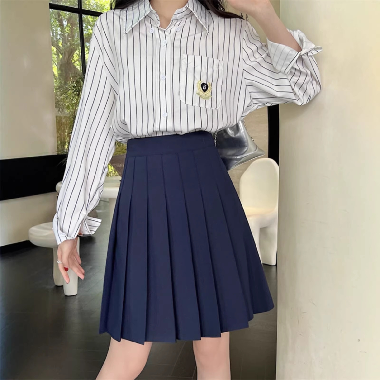 Navy Blue Pleated Skirt for Women, Extended Length, Dark Blue High-Waisted Short Skirt, College Style, Slimming, Versatile Mid-Length Skirt
