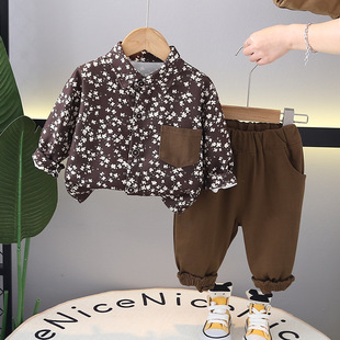 Children's Floral Pocket Shirt Long-sleeved Spring suit 2025 New Boys and Girls Treasure Spring and Autumn Handsome Two-piece Set