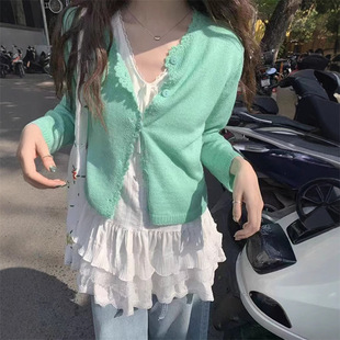 Korean Style Sweet Lace Gentle Style Fresh Style Spring Knitted Cardigan Sweater Women's Thin Niche Outfit Top Trendy