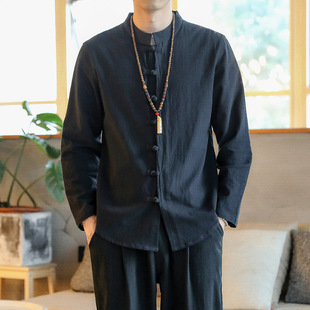 Long Sleeve Shirt Chinese Style Retro Large Size Button Collar Cotton Linen Men's Shirt Constellation