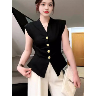 French-Style Retro High-End Blazer Vest for Women, European Summer Fashion, V-Neck, Slim-Fit, Waist-Cinching, Heavy-Duty Buttoned Sleeveless Top