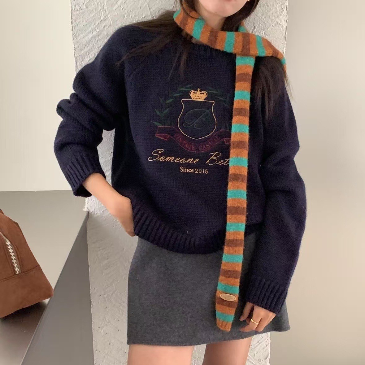 Korean Thin and Long Stripesd Wool Knitted Small Scarf for Women in Autumn and Winter Design Sexy Contrasting Color Decorative Scarf