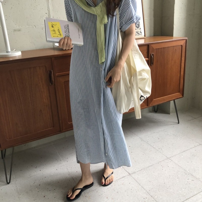 9330 한국 동대문 2025 게으른 스타일 스트라이프 셔츠 서양식 루즈 롱 셔츠 드레스 여성용