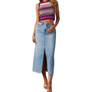 Amazon cross-border 2025 new split Denim skirt women's high waist washed European and American style A- line skirt