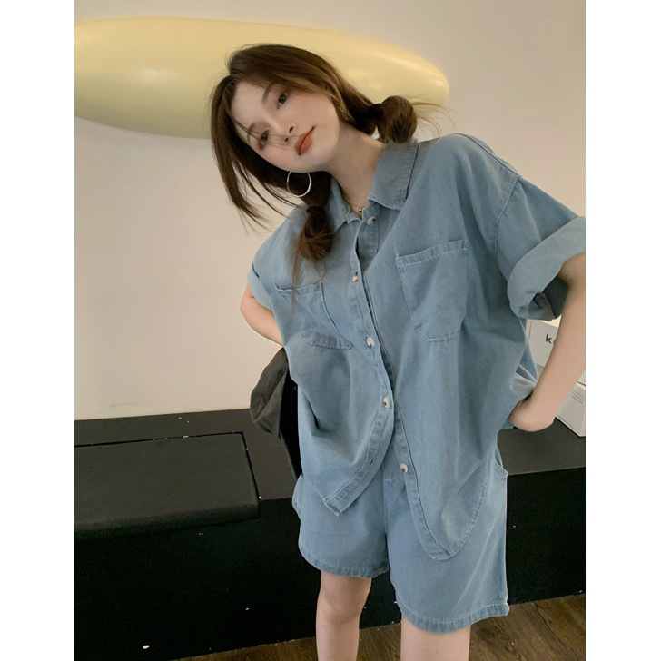 인터넷 연예인 시대 감소 패션 세트 여성 여름 프랑스 스타일 레트로 한국 스타일 느슨한 캐주얼 반팔 데님 셔츠 반바지