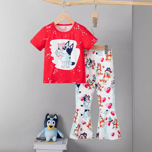Cross-border INS Children and Girls Summer Round Neck Turtleneck Short Sleeve Cartoon Hot Stamping Top Horn Pants suit