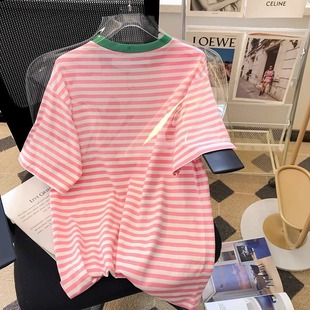 South Korea Dongdaemun 2023 Spring and Summer New Pink Striped Loose plus size Short-sleeved T-shirt plus size Base Shirt Women's Clothing